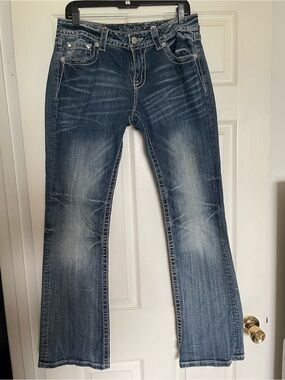 Miss Me Dark Blue Boot Cut Jeans with Fading